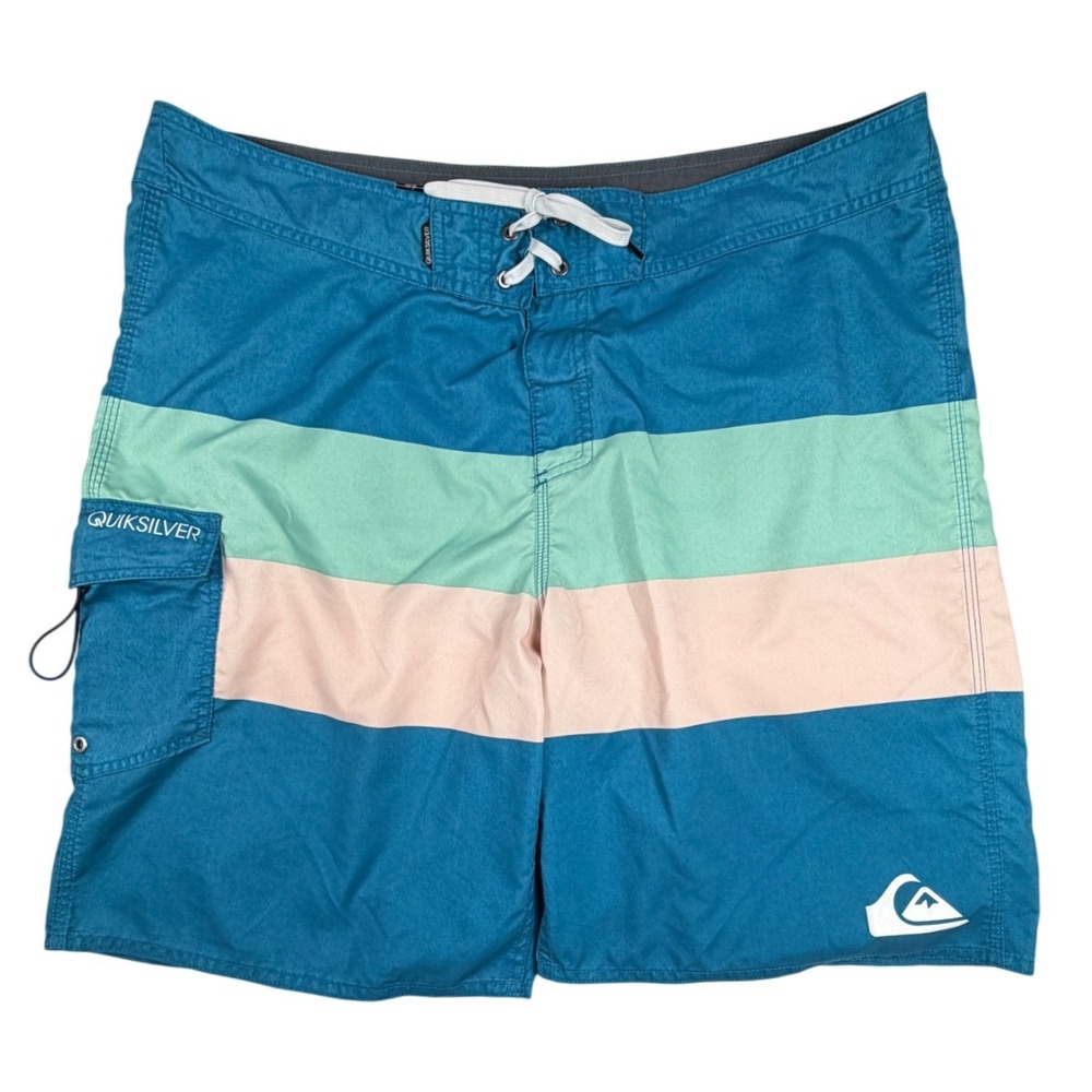 Quiksilver Mens Blue Striped Board Shorts Swim Trunks Size 40 Cargo Pocket